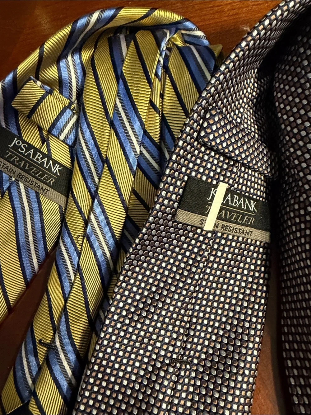 Two Jos. A. Bank Ties - Yellow and Blue Striped & Brown Micro-Pattern Neckties